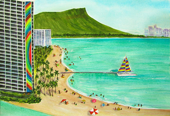 Hilton Hawaiian Villeve Rainbow Tower  art, Hawaiian Beach  original watercolor painting by Hawaii artist Donald K. Hall #325