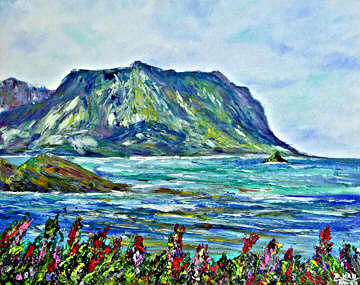 Mokolii Island and Koolau Mountains Hawaii Tropical Beach. original Oil Painting by Hawaii artist Donald K. Hall #376
