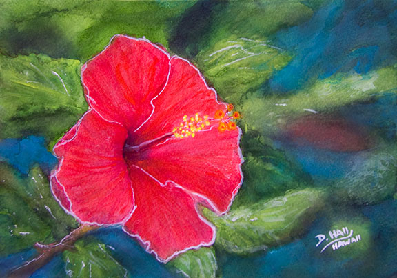 Original Hawaii Art Water Color painting, "Red Hibiscus flower",  by  Hawaiian flower artist Donald K. Hall #463